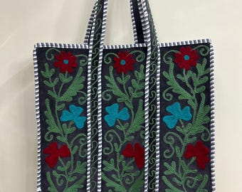 Luxury Hand Embroidered Velvet Tote Bag Floral Boho Handmade Shoulder Shopper Gift