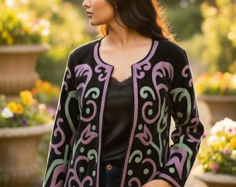 Chaqueta de terciopelo Suzani bordada con abertura frontal y forro de algodón, estilo bohemio, hecha a mano
