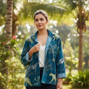 Casaco vintage com estampa de selva, estilo boho-chic, jaqueta artesanal de veludo com estampa de animais selvagens.