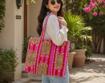 Handmade Quilted Cotton Tote Bag Tiger Print Large Zip Shoulder Handbag Pocket