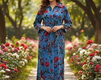 Blue Floral Velvet Kimono Robe, Bird Print Loungewear, Boho Resort Wear