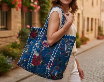 Handmade Velvet Floral Tote Bag Quilted Cotton Lined Large Everyday Shoulder Bag