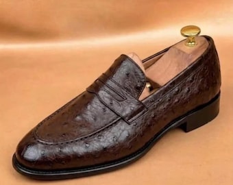 Handmade Brown Ostrich Embossed Leather Loafers: Men's Business Shoes