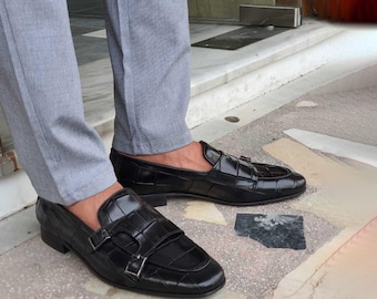 Handmade Men's Black Crocodile Embossed Leather Double Monk Loafers - Men's Slip On Dress Shoes