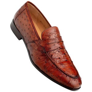 Puede incluir: Un zapato tipo mocasín de color coñac con una parte superior de cuero texturizado estilo avestruz con un patrón de plumas distintivo. El zapato tiene un diseño clásico sin cordones con una tira horizontal en el empeine, punta redondeada y tacón marrón oscuro.