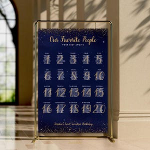 Può includere: Un tableau dei posti a sedere blu navy con testo e dettagli dorati. Il grafico recita "Our Favorite People" e "Your Seat Awaits". I numeri da uno a venti sono elencati con i nomi sotto ogni numero. La parte inferiore del grafico recita "Joinka's Sweet Seventeen Birthday."