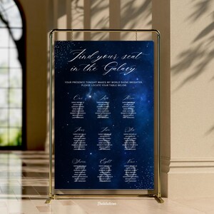 Written in the Stars Birthday Seating Chart, Celestial Navy Silver Template (Digital Download)