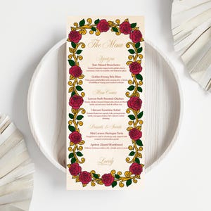 May include: A menu card with a cream background, framed by red roses and green leaves, and gold accents. The menu lists appetizers, main courses, and desserts. The text on the menu is in a decorative font.