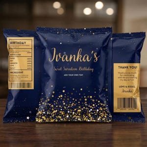 May include: Three navy blue party favor bags with gold text and star accents. The center bag reads "Ivanka's Sweet Seventeen Birthday" with space to add custom text. The bags include nutritional facts and a thank you message.
