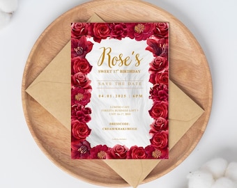 May include: A floral invitation card for a Sweet 17th Birthday, featuring a border of red roses and lilies. The card includes the text "Rose's Sweet 17th Birthday", "Save the Date", date, time, location, and dress code.
