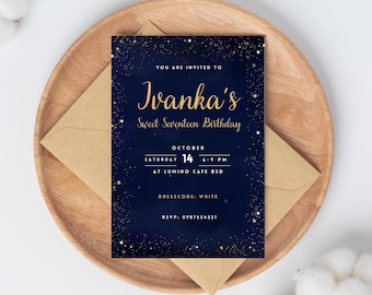 Starry Night Birthday Invitation Template, Under the Stars Digital Party E-Vite, Navy Gold Celestial
