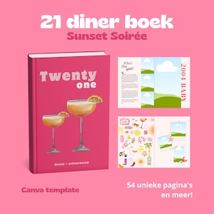 Op de afbeelding: Een roze boekomslag met de titel "Twenty One" en illustraties van cocktails met sinaasappelschijfjes. Het boek heet "21 diner boek Sunset Soirée" en bevat de tekst "Canva template". Extra pagina's worden weergegeven.