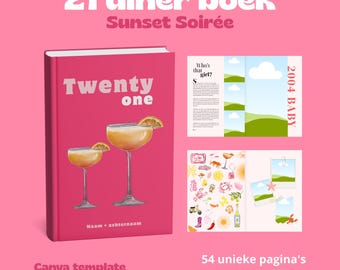 21 diner boek • aanpasbaar Canva template • 50+ pagina's • thema sunset soirée • magazine • incl. verjaardagskaart en extra pagina ideeën