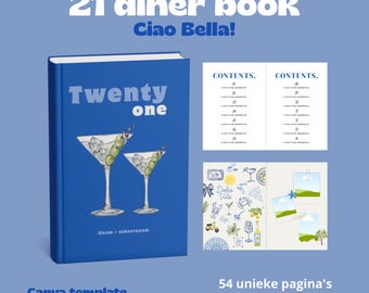 21 diner boek • aanpasbaar Canva template • 50+ pagina's • thema ciao bella • magazine • inclusief verjaardagskaart en extra pagina ideeën