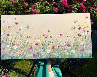 Grote getextureerde wilde bloemen canvas kunst, 3D weide schilderij, originele acryl bloem kunst aan de muur, moderne bloemen Home decor, kunst Duitsland 120 x 60