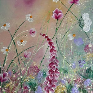 May include: An original painting of a wildflower meadow. The artwork features a variety of flowers in shades of pink, white, purple, and yellow, set against a soft pink and green background. The painting has a textured, impressionistic style.