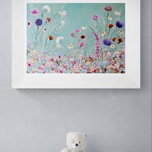 Original Blumenbild "Blue Poetry" – Großes Acryl Wiesenblumen Gemälde, Türkis 3D Textur Kunst, 50x70 cm