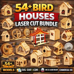 Può includere: Una collezione di casette per uccelli tagliate al laser in vari design. L'immagine presenta diverse casette per uccelli in legno, alcune con dettagli intricati e forme uniche. Il testo include "54+ BIRD HOUSES LASER CUT BUNDLE" e "54+ MODELS".