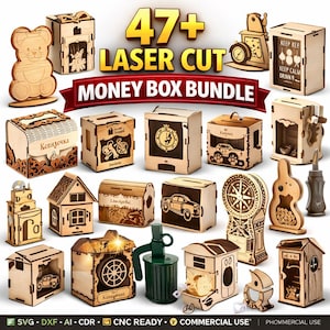 Könnte beinhalten: Eine Sammlung von lasergeschnittenen Holzspardosen in verschiedenen Formen, darunter ein Bär, Häuser und Fahrzeuge. Der Text "47+ LASER CUT MONEY BOX BUNDLE" ist prominent dargestellt. Geeignet für CNC-Projekte.