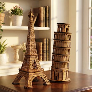 May include: Wooden Eiffel Tower and Leaning Tower of Pisa models. The Eiffel Tower is a detailed brown structure with intricate lattice work. The Leaning Tower of Pisa is a brown, multi-tiered structure. Both are displayed on a wooden table.