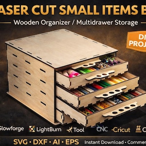 May include: Laser-cut wooden small items box with multiple drawers. The box is made of light-colored wood and features the text "LASER CUT SMALL ITEMS BOX" and "Wooden Organizer / Multidrawer Storage". The drawers are open, revealing colorful contents.