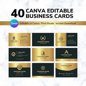 May include: A collection of 40 Canva-editable business cards with gold and dark green designs. The cards feature various icons and the text "Company Name" and "Tagline Here". The image also includes the text "Canva Editable in Canva Print Ready Instant Download".