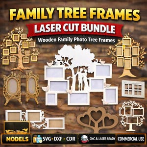 May include: A collection of wooden family photo tree frames in various designs. The frames are laser cut and include tree-shaped frames, heart-shaped frames, and frames with multiple photo slots. The image includes the text "FAMILY TREE FRAMES" and "LASER CUT BUNDLE".