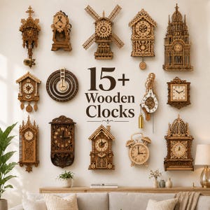 Puede incluir: Una colección de 15+ relojes de madera en varios estilos, incluyendo relojes de cuco, un diseño de molino de viento y un reloj estilo catedral. Los relojes están montados en una pared blanca. Se muestra el texto "15+ Wooden Clocks".