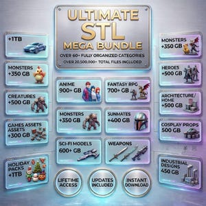 Puede incluir: Anuncio del Ultimate STL Mega Bundle, con más de 60 categorías totalmente organizadas y más de 20.500.000 archivos en total. Las categorías incluyen Anime, Fantasy RPG, Sci-Fi Models y Holiday Packs, con tamaños de almacenamiento que van desde 300 GB hasta 1 TB.
