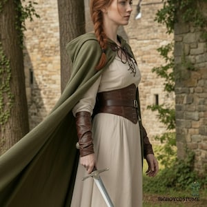 Puede incluir: Un atuendo de estilo medieval con una capa con capucha verde oliva, un vestido color crema y un corsé de cuero marrón. El conjunto incluye puños de cuero a juego y una espada plateada. Ideal para recreaciones históricas o eventos temáticos.
