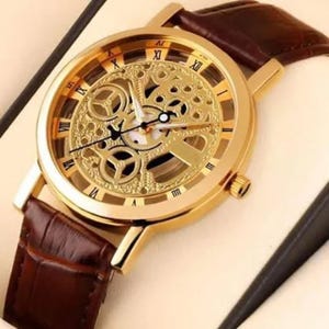Gold Skeleton Mechanical Watch: Vintage Steampunk Style Leather Strap
