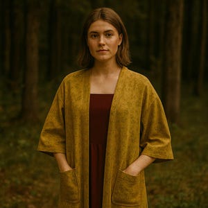 Puede incluir: Una mujer con un kimono amarillo mostaza con grandes bolsillos delanteros sobre un vestido burdeos. La chaqueta tiene un aspecto texturizado y mangas tres cuartos. El fondo es una escena borrosa de un bosque con árboles altos.