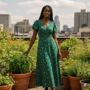 May include: A green floral print dress with short sleeves and a V-neck. The dress has a fitted bodice and a flowing skirt. The woman is standing on a rooftop garden with potted plants and city buildings in the background.