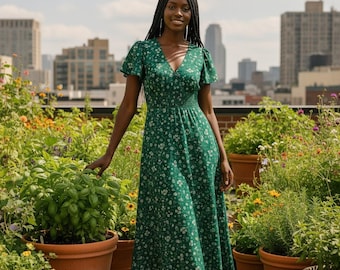 Shirred Waist V-Neck Maxi Dress Sewing Pattern | Flutter Sleeve (PDF Digital)