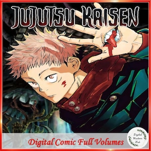 May include: Digital comic book cover featuring the title "JUJUTSU KAISEN" in white, stylized lettering. The illustration depicts a young person with pink hair and a hand with a mouth. The text "Digital Comic Full Volumes" is at the bottom.