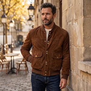 May include: A brown suede bomber jacket featuring a ribbed collar, cuffs, and hem, with two front flap pockets and a central snap-button closure. The jacket is worn over a white shirt and paired with dark blue denim jeans.