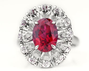 Bloom Lab Grown Ruby Ring with Oval Ruby Center and Pear-Shaped Diamond Halo 925 Sterling Silver 3.32CT Lab Grown Diamonds Engagement Ring