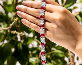 Lab Grown Ruby & Marquise White Stone Tennis Bracelet — Emerald Cut Ruby with Flower Cluster Setting in Sterling Silver