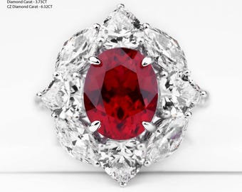 Scarlet Star Lab Grown Ruby Statement Ring with 3.73CT Diamond Geometric Halo Elegant Oval Ruby Centerpiece 925 Sterling Silver Fine Jewelry