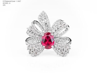 Lab-Grown Ruby Orchid Bloom Cocktail Ring, 1.25 Ct Oval Red Ruby Floral Statement Ring, Full Pavé CZ Diamond Petal Design Ring