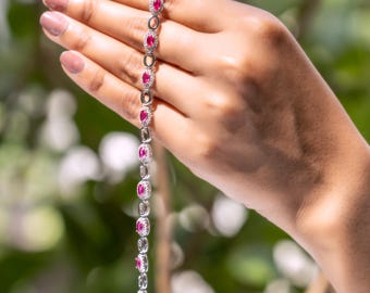 Lab Grown Ruby Oval Halo Bracelet — Diamond Accent Open Link Design