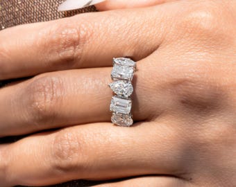 14K White Gold Multi-Shape Five-Stone Diamond Ring – Mixed Shape Anniversary Band for Women | Elegant and Sparkling Diamond Ring for Gift