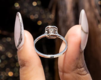 Emerald Cut Diamond Halo Engagement Ring with Pavé Band in 14KT White Gold Sparkling Jewelry, Perfect for Proposals and Special Occasions