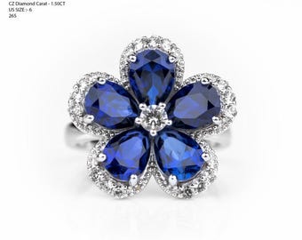 2.5 Ct Lab-Grown Blue Sapphire Flower Ring, Pear Cut S925 Sterling Silver Cocktail Ring, Five Petal Floral Design with CZ Diamond Halo