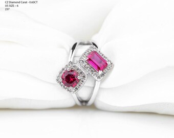 1.8 Ct Lab-Grown Ruby Toi et Moi Bypass Ring, Round & Emerald Cut Dual Stone Ring, Sterling Silver Ruby Halo Twist Statement Ring