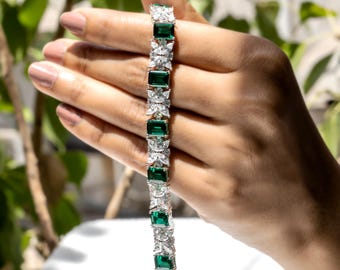 Lab Grown Emerald & Floral Cluster Tennis Bracelet — Emerald Cut Green Stones with Marquise Flower Design in Sterling Silver