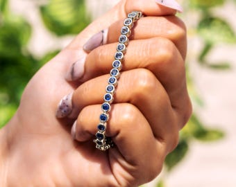 Lab Grown Colored Sapphire Tennis Bracelet — Bezel Set Ombre Blue & Green