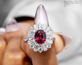 Lab Grown Garnet Ballerina Cocktail Ring – JR106Y Oval Garnet Center with Baguette & Round CZ Diamond Double Halo  925 Sterling Silver Ring