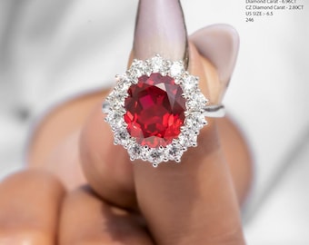 6.96CT Lab Grown Ruby Classic Halo Cocktail Ring – Large Oval Lab Grown Ruby Center with Round CZ Diamond Sunburst Halo Statement Jewelry