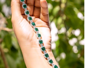Lab Grown Emerald Cushion Cut Halo Bracelet — Diamond Accent Station Design